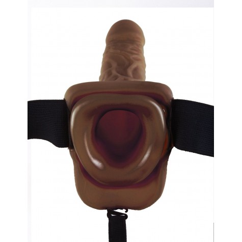 Коричневый фаллопротез с вибрацией 9" Vibrating Hollow Strap-On with Balls - 24 см.